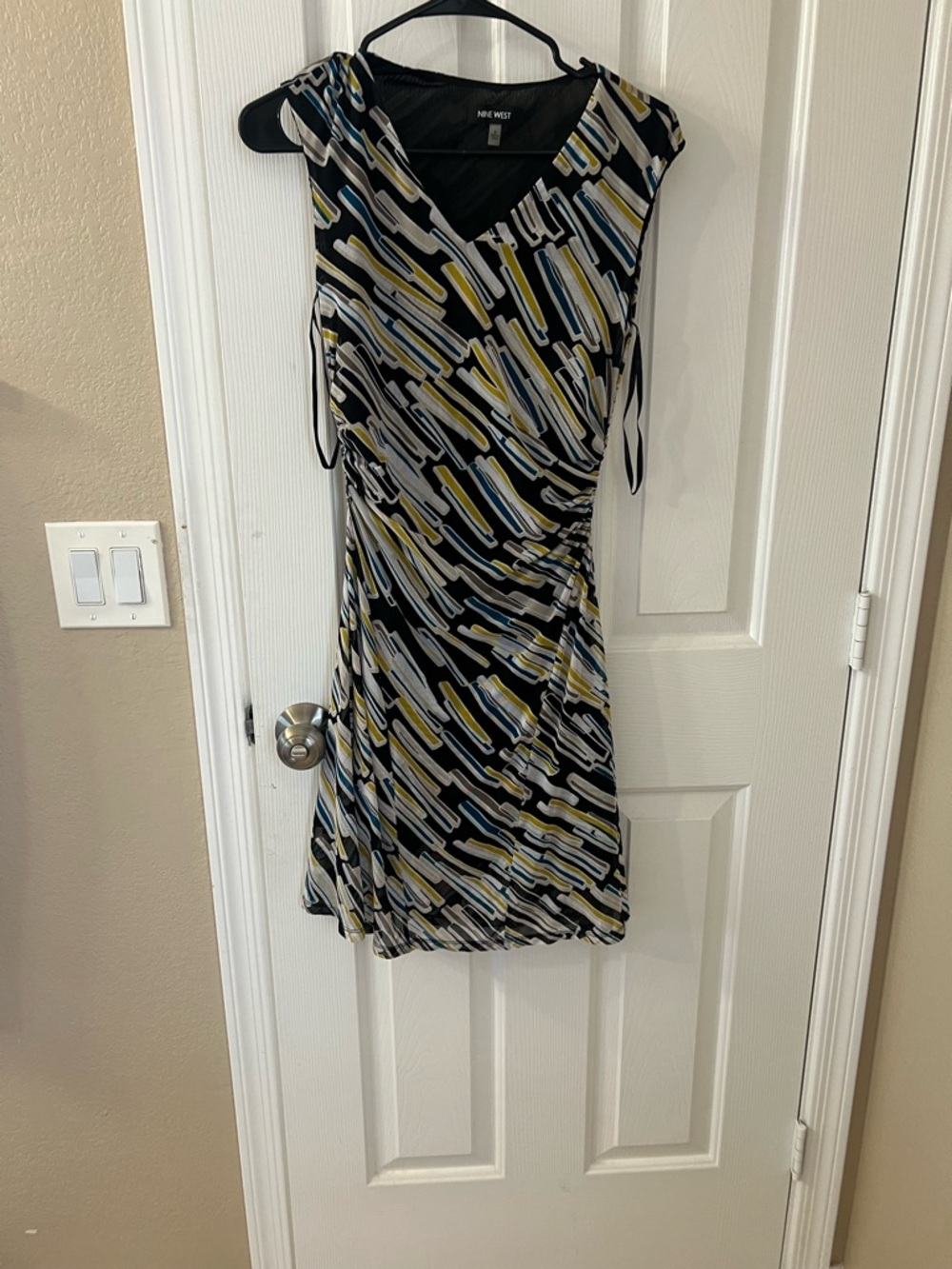 Nine West Black Midi Wrap Dress with Blue and Yellow Abstract Print